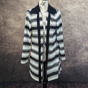 Misook Petite Black White Chevron Pointelle Waterfall Duster sweater XL PXL